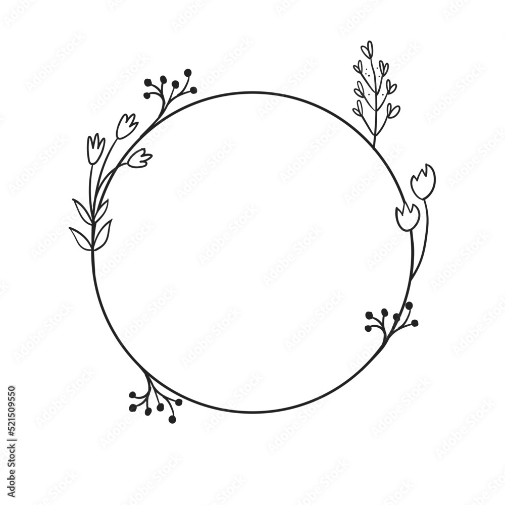 Circle frames with botanical decoration. Doodle Hand Drawn Decorative Outlined Wreaths with Branches, Herbs, Plants, Leaves and Flowers, Florals. Vector Illustrations. Circle frames with botanical decoration. Doodle Hand Drawn Decorative Outlined Wreaths with Branches, Herbs, Plants, Leaves and Flowers, Florals. Vector Illustrations.