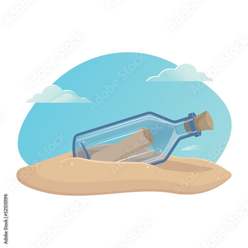 Message in a glass bottle on the sand - vector illustration