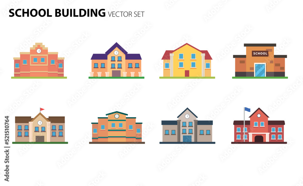 School Building element set. Flat vector illustration.
