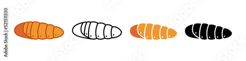 Silkworm larva set. Pupated yellow butterfly caterpillars for silk production and consumption. Organic ingredient for protein vector food