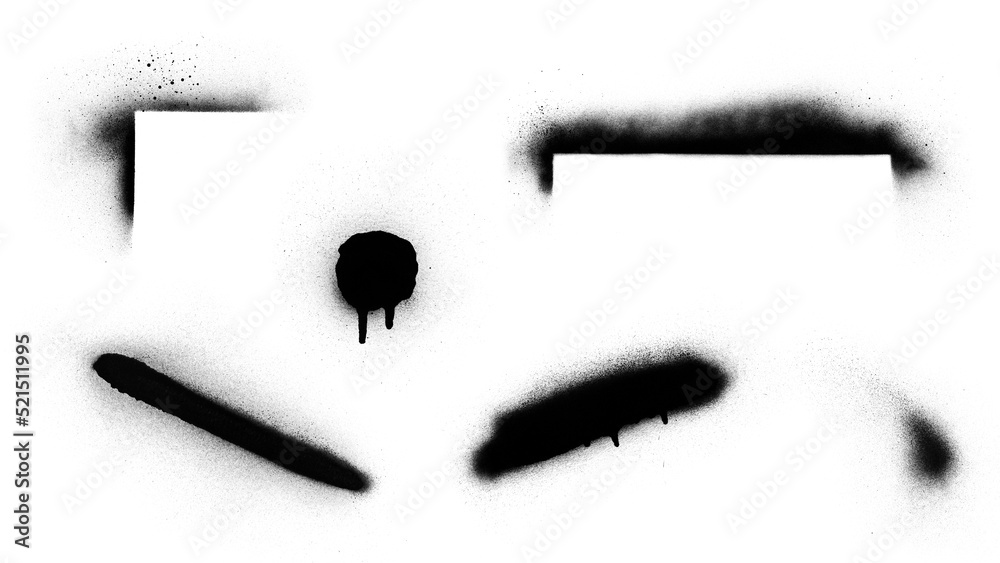 Set of graffiti spray paint. Hand drawn design elements. Isolated vector grunge image black on white. - obrazy, fototapety, plakaty 