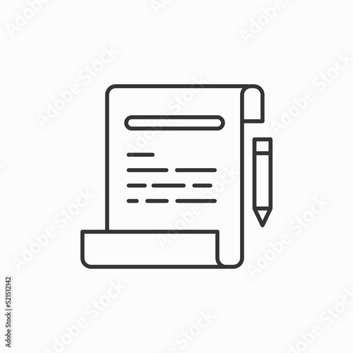 contract icon. Simply vector planning icon. pencil with paper icon. Signing document, writing blog, business agreement icon. Isolated, lined vector pictogram.