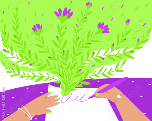 Creative person writes text on paper with inspiration. The concept of creating a new work on paper. The writer writes at the table. Process of creation. flat vector illustration