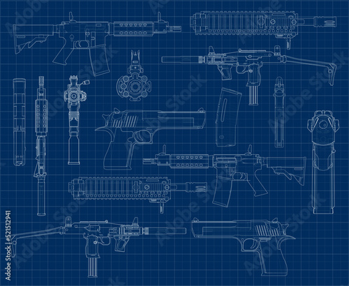 a variety of weapons in a stylized drawing style