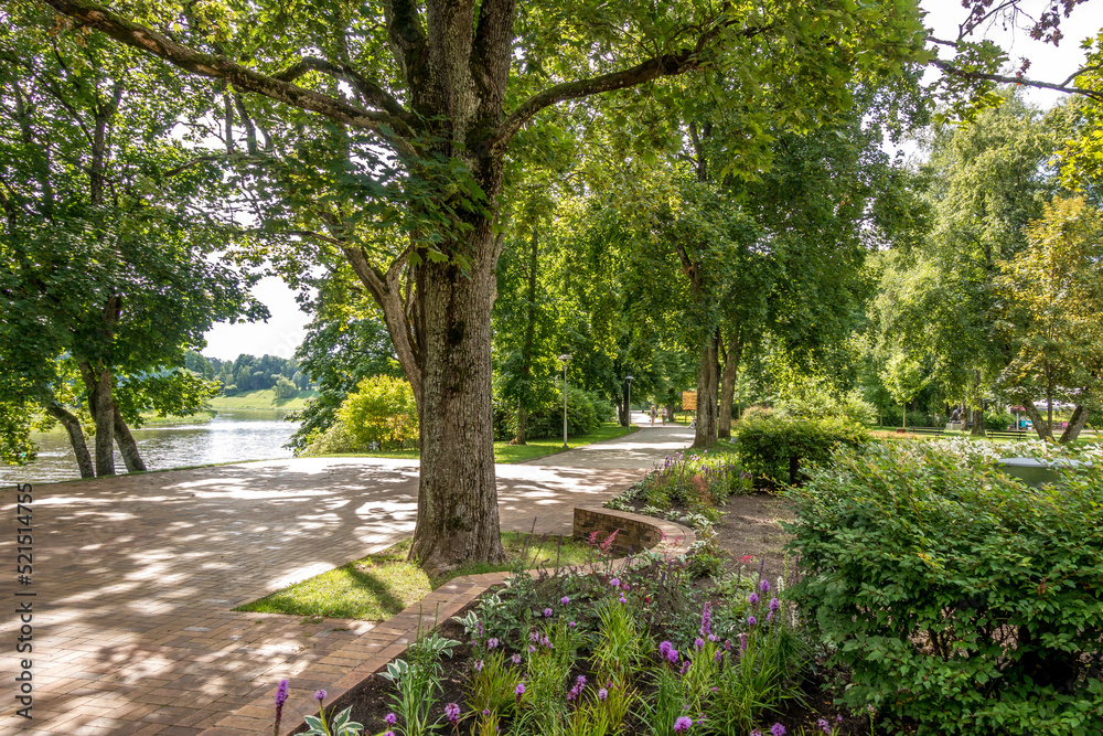 View to Nemunas river and embankment in Druskininkai. Lithuania. Druskininkai is resort with health promotion, recreation, active lifestyle, exceptional entertainment