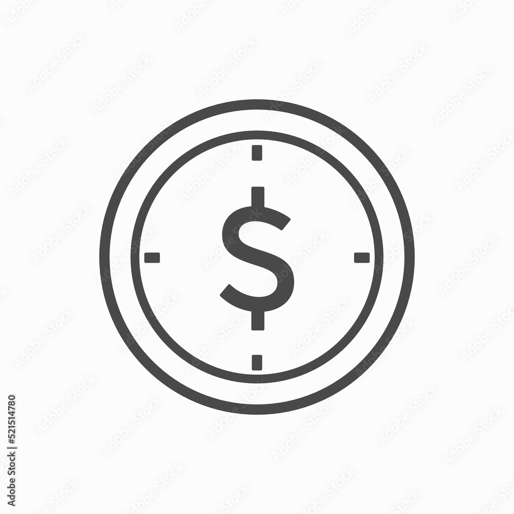 time is money icon, dollar with clock linear sign isolated on white background