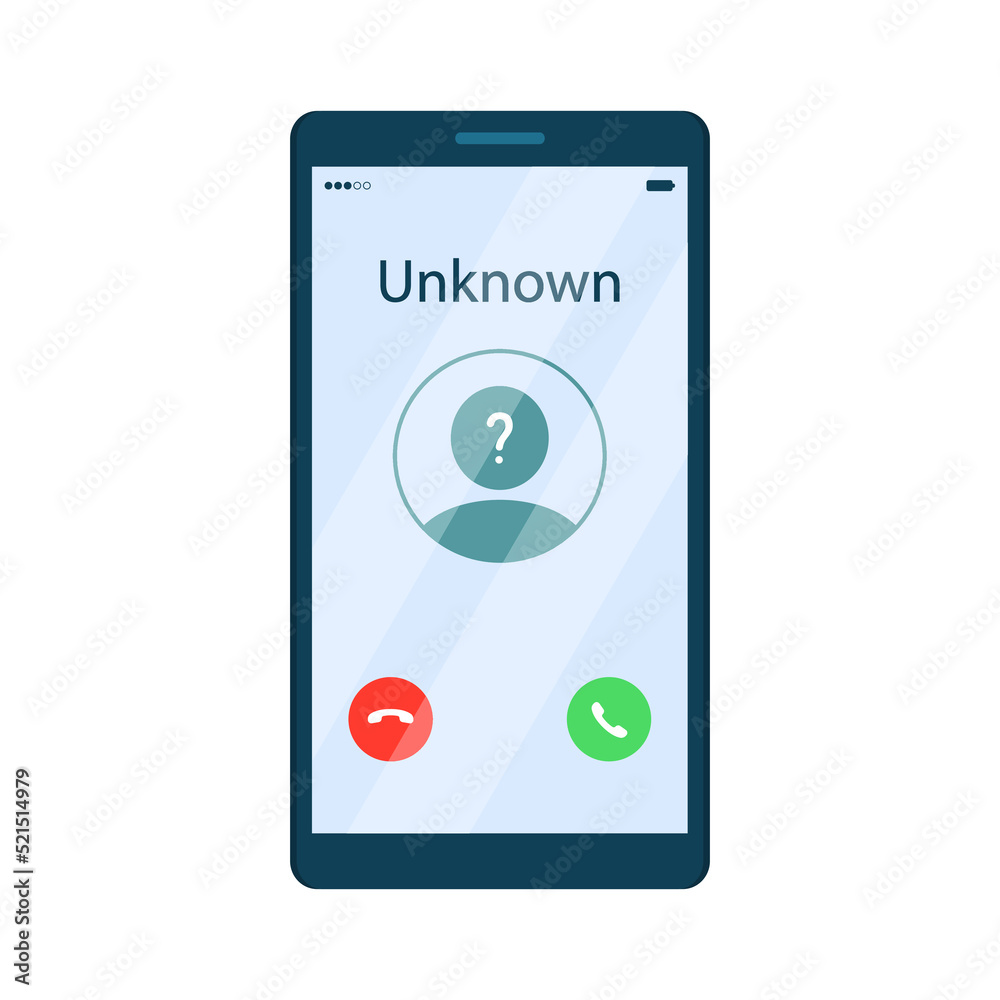 Mobile phone interface with incoming call from unknown caller and accept or reject call buttons. Isolated vector illustration in flat cartoon style. Mobile phone interface with incoming call from unknown caller and accept or reject call buttons. Isolated vector illustration in flat cartoon style.