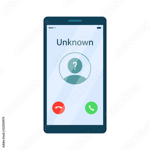 Mobile phone interface with incoming call from unknown caller and accept or reject call buttons. Isolated vector illustration in flat cartoon style.
