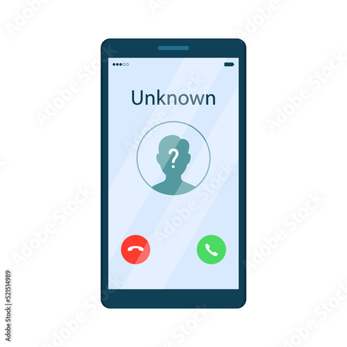 Incoming call from unknown caller on mobile phone screen. Vector illustration in flat cartoon style.