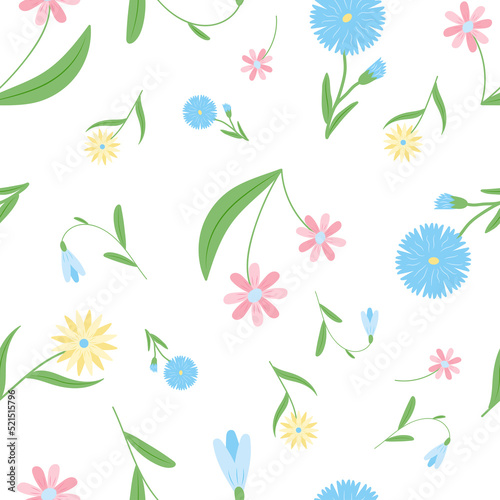 seamless pattern on a white background flowers yellow, blue and pink 