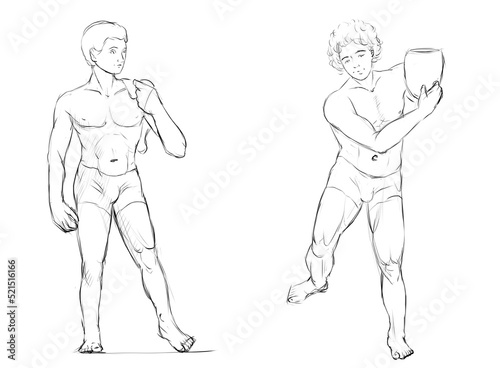 Sketch of two figures of athletic men, graphic black line on a white background.