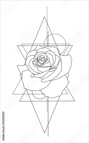 Black and white illustration. Rose with geometry. Design for tattoo, logo, typography. Vector.