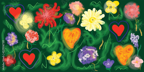 Beautiful postcard with bright variegated flowers on a green background. Hand drawn flowers. Summer elegant drawing. Template for paper, textile,wallpaper,background.