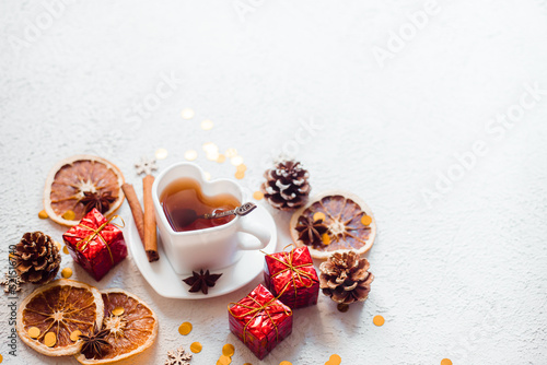 New Year 's tea on a white background . Glitter and white background. Holiday. Holiday decorations. The layout is a festive tea party. Christmas
