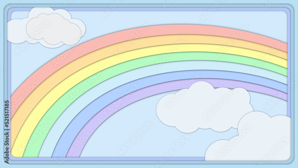 A rainbow in the sky is the highlight of the vector illustration. Clouds are floating. Paper cut style. Gentle, colorful, fun, colorful background for web design and for presentations. Perimeter frame