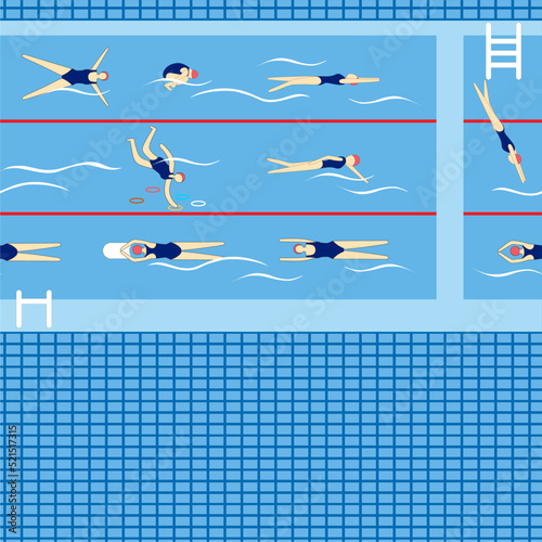 Swimmers in swimming pool. Sport professional swimming pool with lanes. people swim in public swimming pool vector illustration set. Seamless pattern.