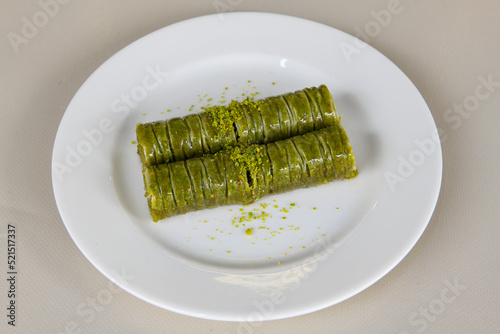 Pistachio baklava. Traditional Middle Eastern Flavors. Traditional Turkish baklava. Local name fistikli baklava