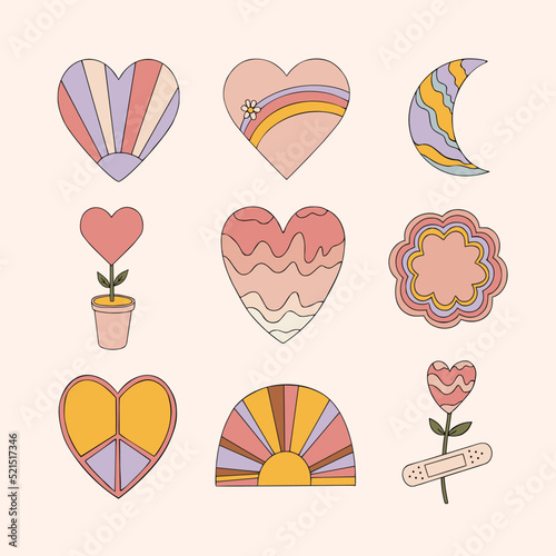 Collection of different psychedelic groovy elements. Hippie retro vintage clipart in 70s-80s style. Vector illustrations hippie style isolated on a white background.