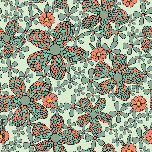 Simple seamless pattern with cute flowers in green color. hippie groovy floral background. Vector illustration for design, fabric and print. Craft stamp style.