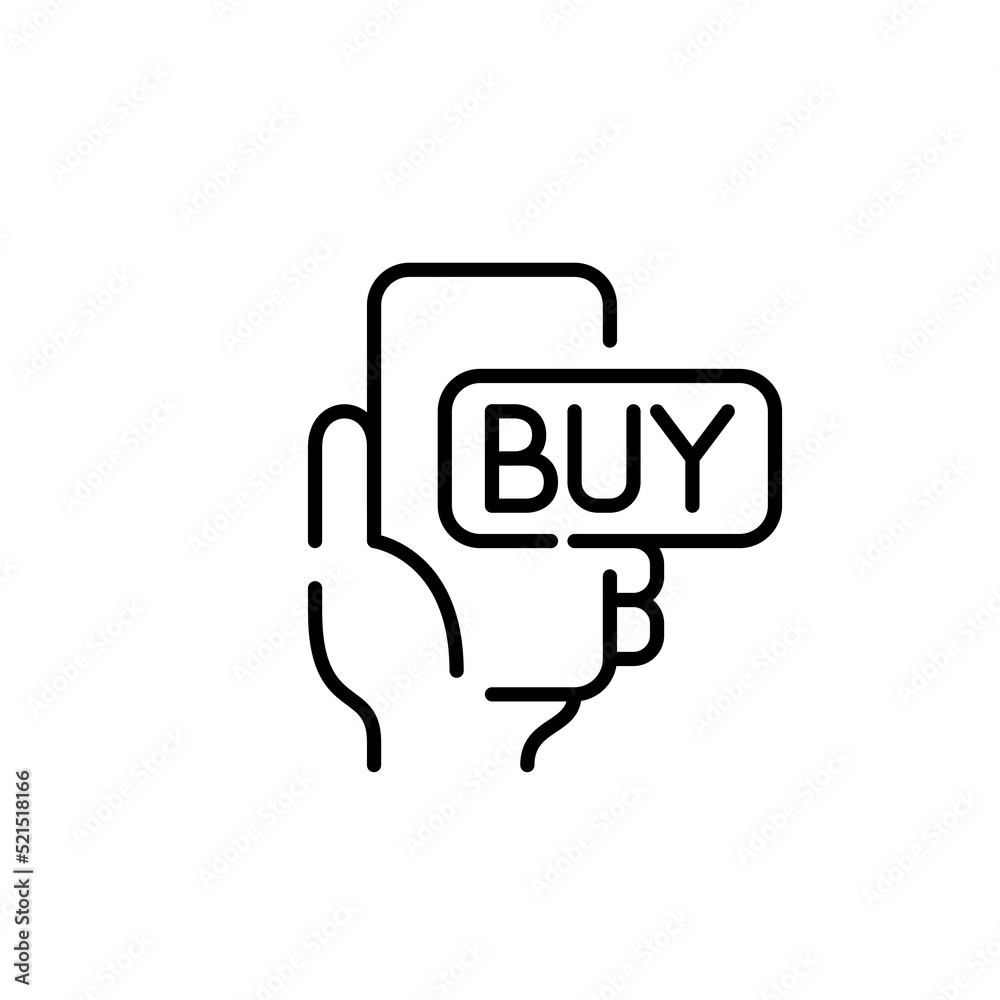Hand holding smartphone with buy button. Pixel perfect, editable stroke line icon Hand holding smartphone with buy button. Pixel perfect, editable stroke line icon