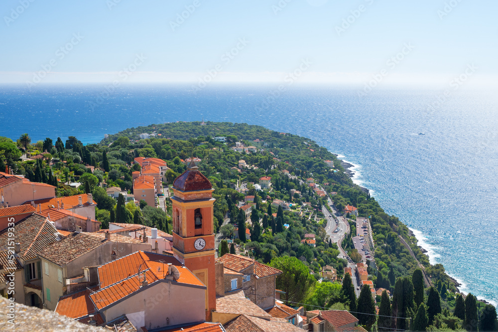 View of the sea and the Cote d'Azur from the fortress of the ancient castle in Roquebrune-Cap-Martin, France on the Mediterranean coast near Monaco. Travel along the Cote d'Azur.
