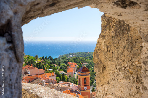 View of the church from the window of the fortress of the ancient castle in Roquebrune-Cap-Martin, France on the Mediterranean coast near Monaco. Journey along the Cote d'Azur.