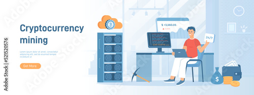 Cryptocurrency mining. Сreating new crypto coin using server racks. Blockchain technology, mining farm. Flat concept great for social media promotional material. Website banner on white background.