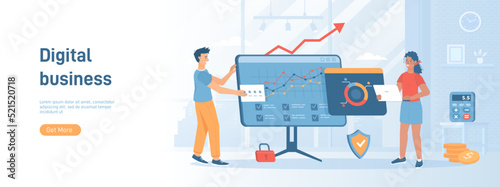 Digital business concept. Experts analyze virtual data. Management, planning, strategy development online. Flat concept great for social media promotional material. Website banner on white background.