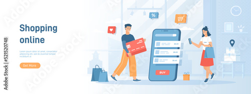 Shopping online. Internet store app and mobile payments by credit card via electronic wallet wirelessly on phone. Flat concept great for social media promotional material. Website banner 