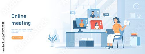 Webinar, online meeting, virtual conference on video call. People communicate online. Flat concept great for social media promotional material. Website banner on white background.
