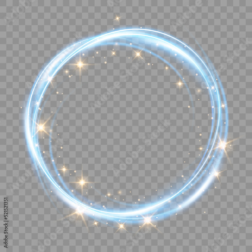 Fire light circle trail of sparkling gold glitter, vector glow flare swirl on transparent background. Abstract vector fire circle, sparkling swirl. Stock royalty free vector illustration. PNG	