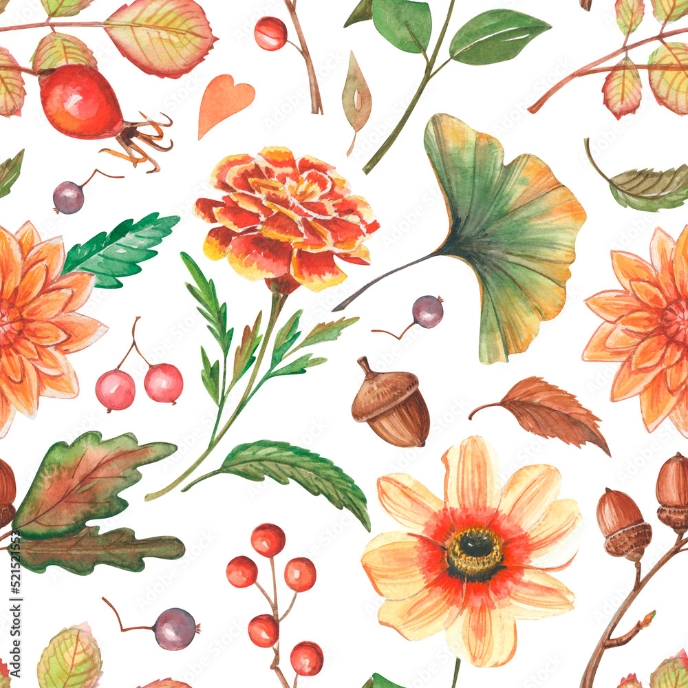 Watercolor seamless pretty pattern with orange marigold flower. Autumn red and green leaves, berries, acorn at white background for textile and pack.
