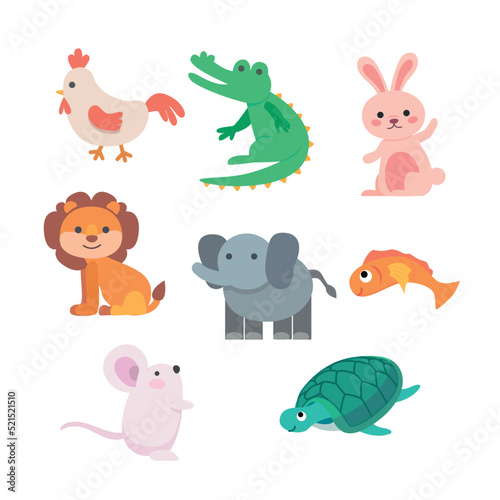 Cute animal illustration for kids. Collection of chicken  crocodile  rabbit  lion  elephant  fish  mouse  turtle illustration.