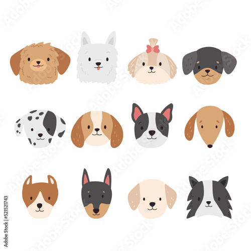 Fototapeta Naklejka Na Ścianę i Meble -  Set of dogs heads. Puppy faces collection. Cartoon different breeds of dogs. Doodle pets. Trendy flat style. Vector illustration.