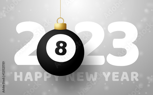 Billiard 2023 Happy New Year. Sports greeting card with a billiard 8 ball on the luxury background with snowflake. Vector illustration.