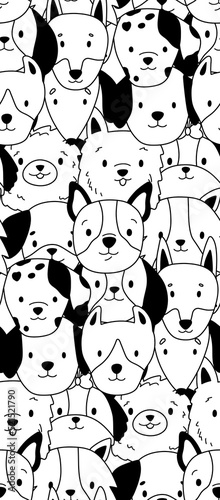 Cute dog faces. Doodle vector seamless pattern. Cartoon puppy. Black and white illustration.