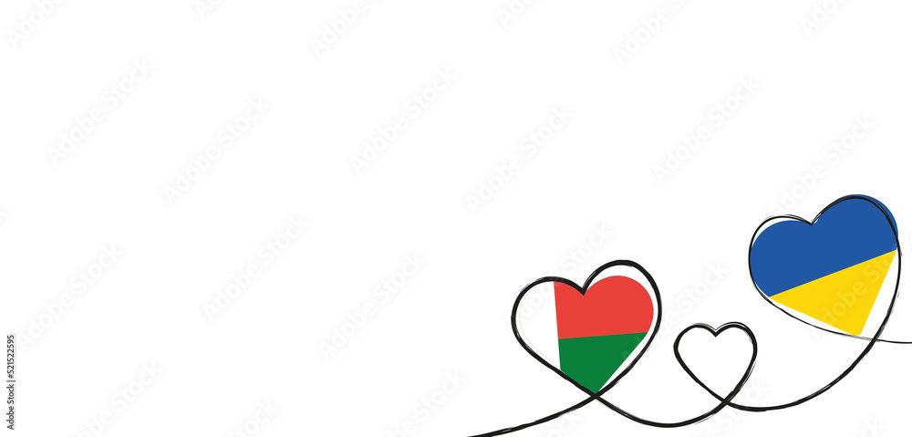 Drei Herzen mit der Fahne von der Ukraine und Madagaskar Drei Herzen mit der Fahne von der Ukraine und Madagaskar