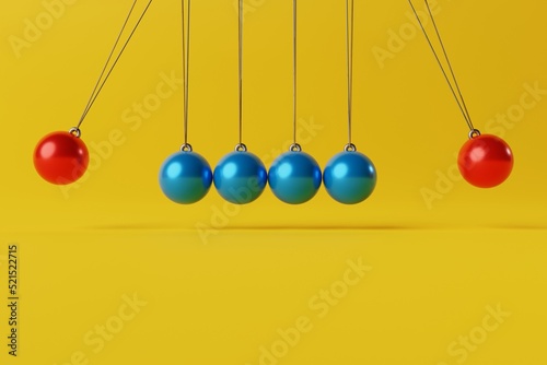 Simple Newton pendulum mechanism. Balls hitting each other. 3d rendering, 3d illustration.