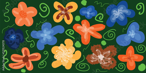 Seamless vector image with colorful flowers on a green background. Design template for backdrop, cover, wallpaper, packaging, presentations.
