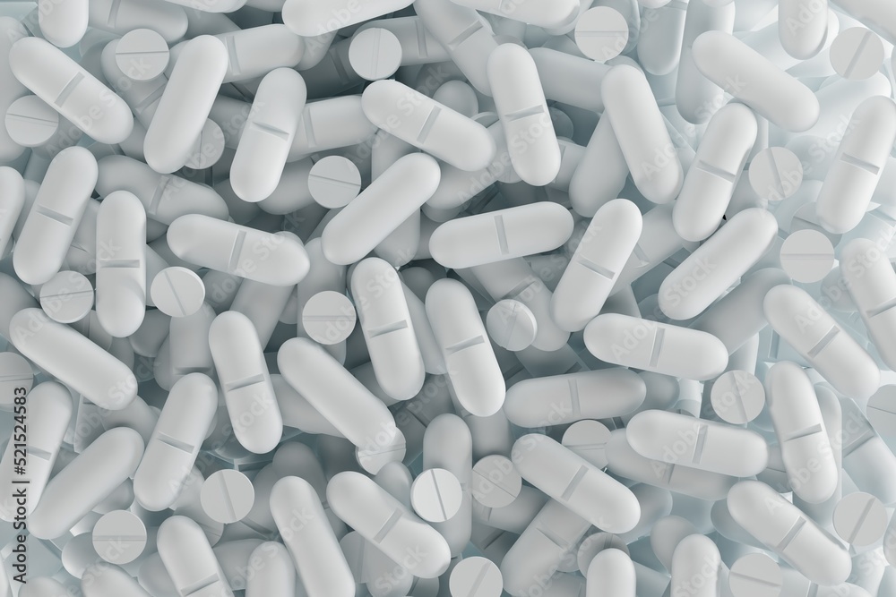 Top view of the tables. Pharmaceutical concept, drug use, pill taking. 3d render.