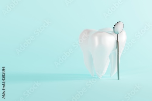 White tooth and a dental mirror on a blue background. Concept of caring for the teeth  checkup at the dentist. 3d render  illustration.