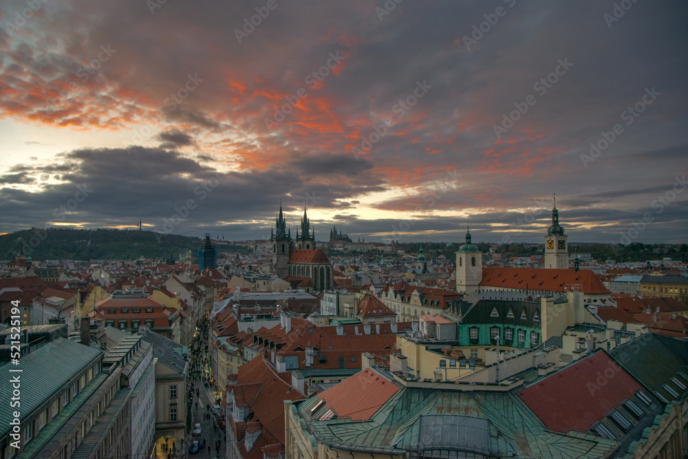 Stunning cityscape of Prague from above at sunset