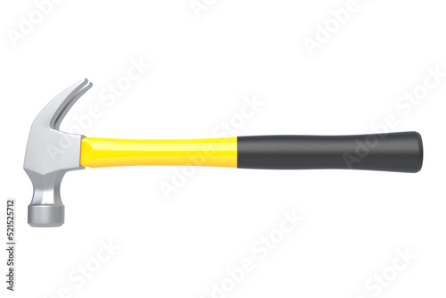Claw hammer with yellow plastic handle isolated on white background. Front view. 3d rendering illustration