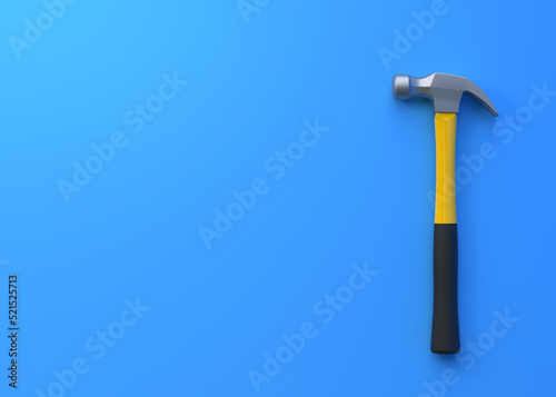Claw hammer with yellow plastic handle isolated on blue background. Top view, minimalism. Copy space. 3d rendering illustration