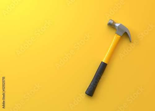 Claw hammer with yellow plastic handle isolated on yellow background. Top view, minimalism. Copy space. 3d rendering illustration