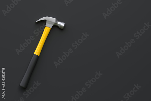 Claw hammer with yellow plastic handle isolated on black background. Top view, minimalism. Copy space. 3d rendering illustration