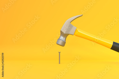 Hammer with a steel head and a yellow plastic handle banging a small screw on yellow background. Front view, minimalism. Copy space. 3d rendering illustration