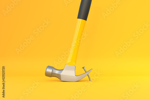 Claw hammer with yellow plastic handle pulling a nail out of a plank on yellow background. Front view, minimalism. Copy space. 3d rendering illustration