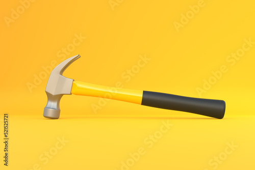 Claw hammer with yellow plastic handle isolated on yellow background. Front view, minimalism. Copy space. 3d rendering illustration