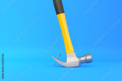 Claw hammer with yellow plastic handle pulling a nail out of a plank on blue background. Front view, minimalism. Copy space. 3d rendering illustration